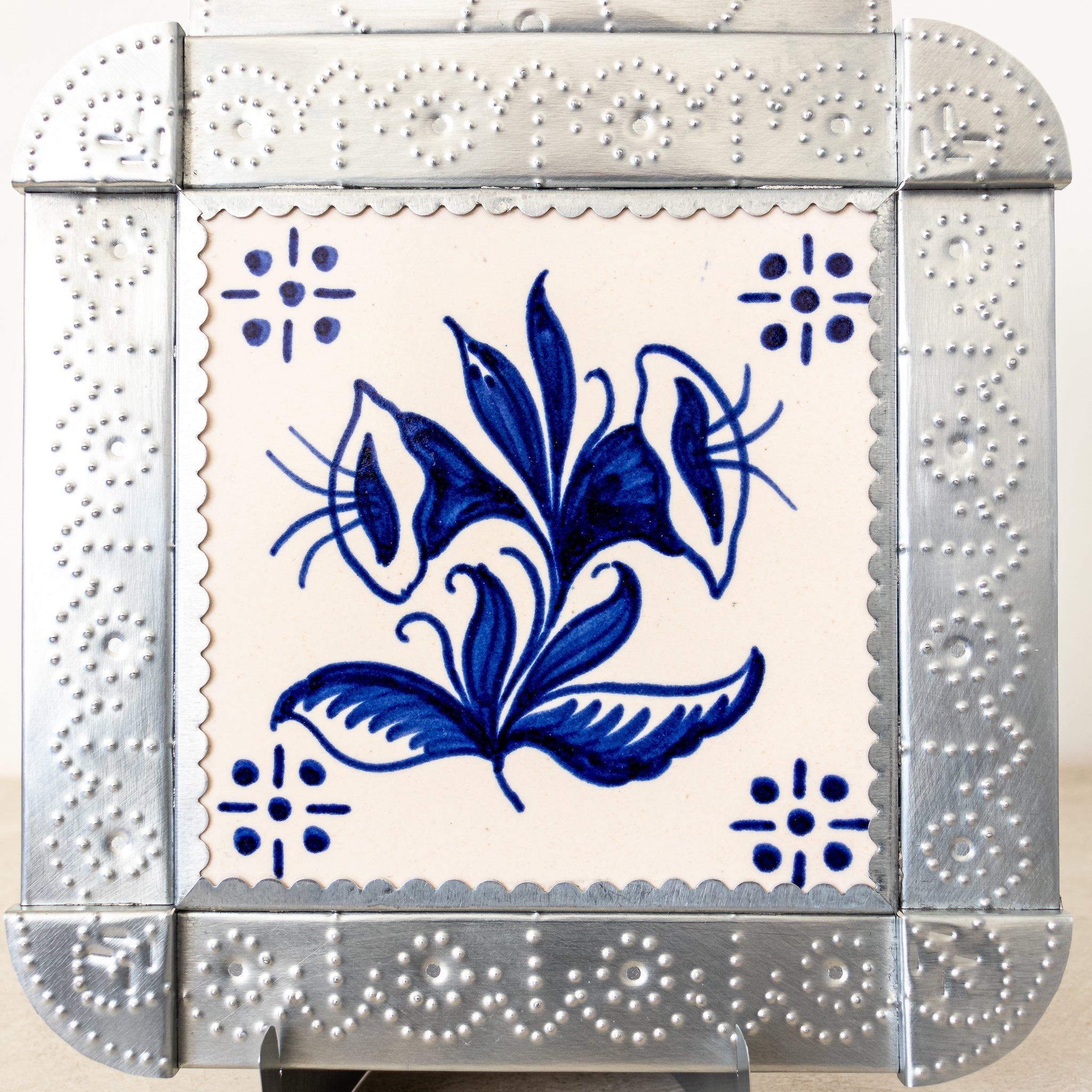 Modern Tinwork Framed Tile – Large, Blue Calla Lily - Homekeep Studio