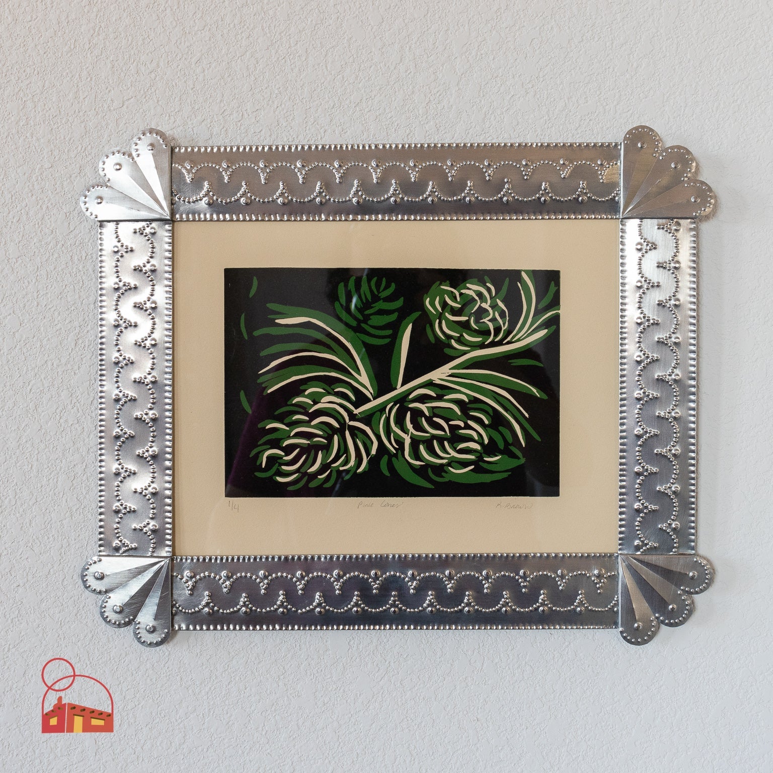 New Mexican - Style Handcrafted Metal Frame with "Pine Cones" Block Print by K. Brown - Homekeep Studio