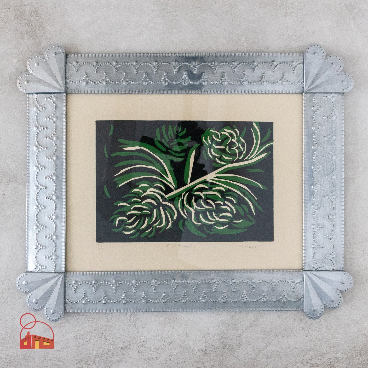 New Mexican - Style Handcrafted Metal Frame with "Pine Cones" Block Print by K. Brown - Homekeep Studio