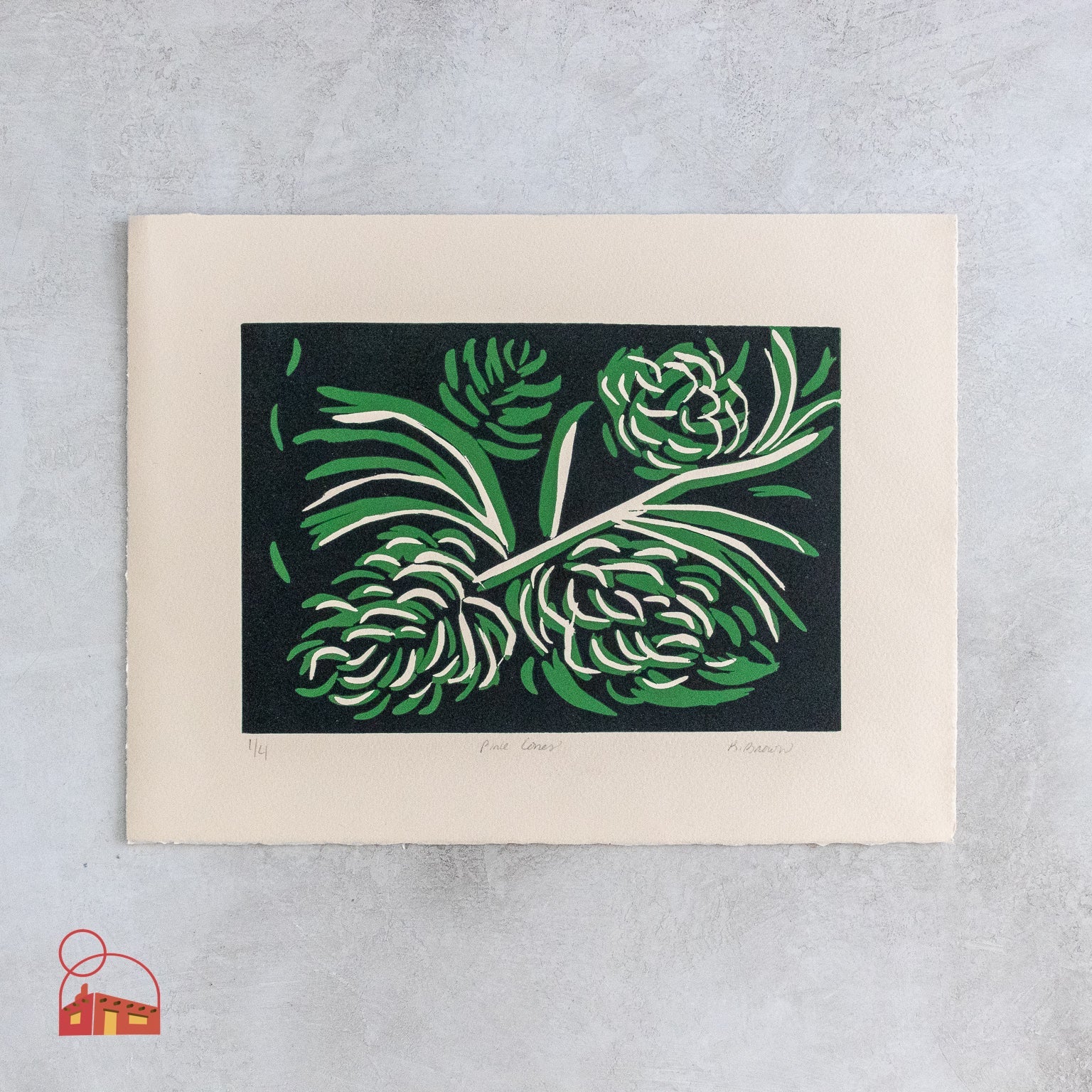 New Mexican - Style Handcrafted Metal Frame with "Pine Cones" Block Print by K. Brown - Homekeep Studio